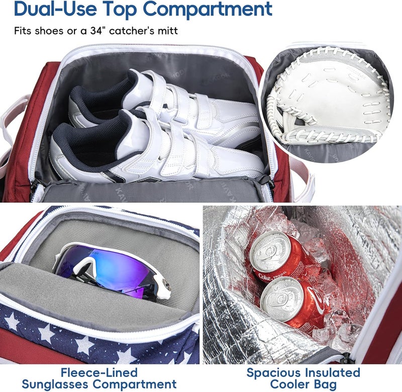 KAVIGOR Catchers Gear Bag, 80L Baseball/Softball Backpack Holds 2 Sets of Gear with Shoe Compartment, Helmet Holder & Cooler Pocket - Image 4